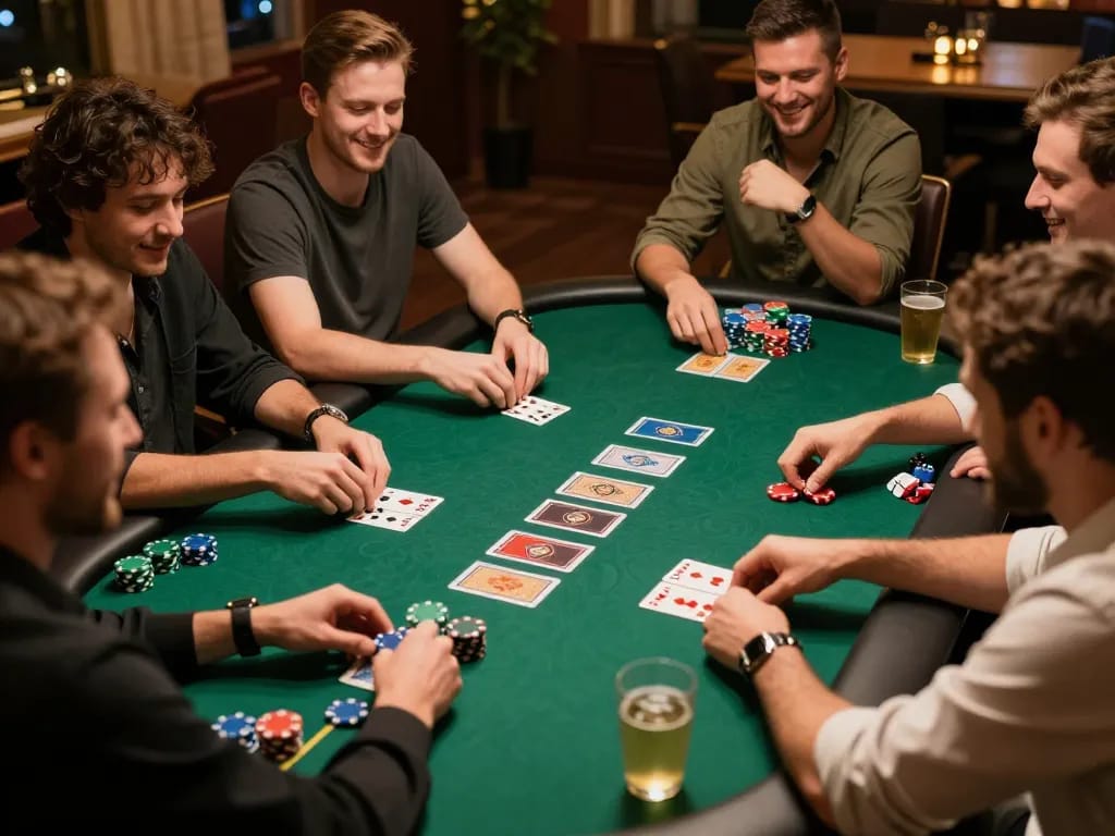 King33 poker players strategizing their bets during an exciting game night with colorful chips and cards