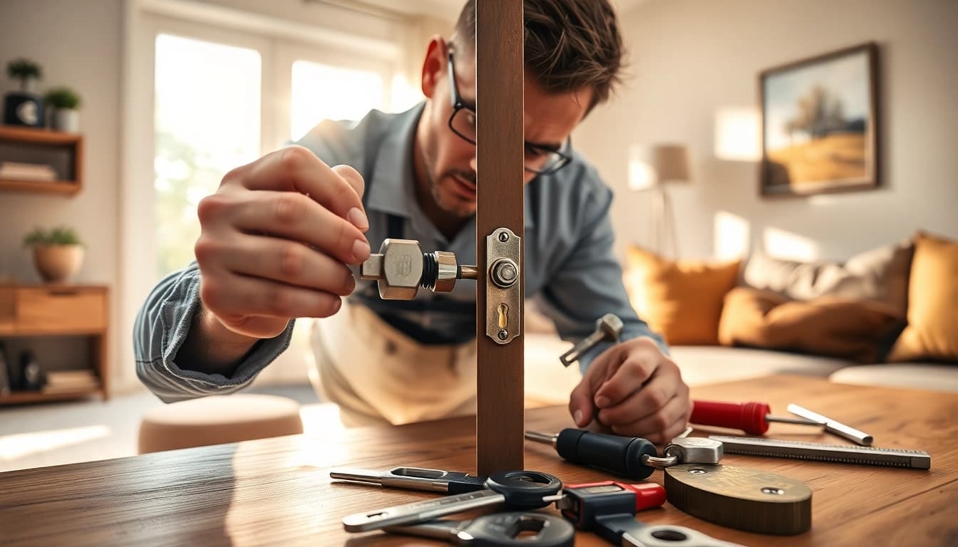 Durham locksmith repairing a high-security lock in a modern home.
