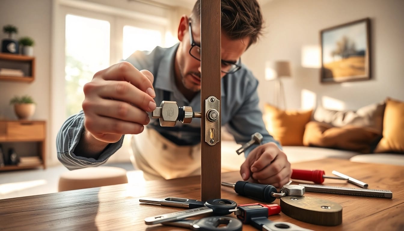 Durham locksmith repairing a high-security lock in a modern home.