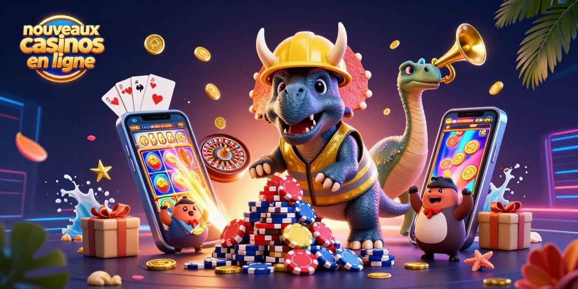 Découvrez les nouveaux casinos en ligne avec un triceratops et ses amis célébrant autour de jetons de poker.