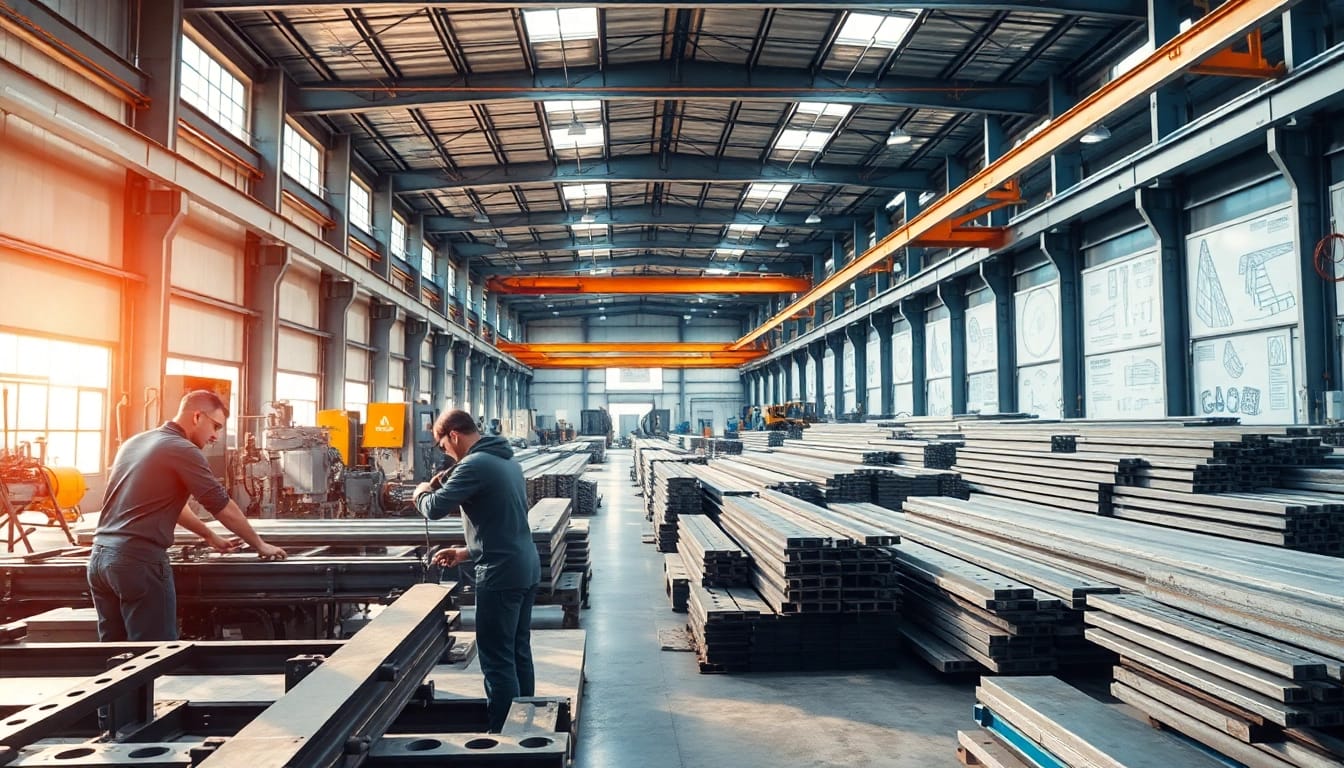 Workers skillfully shaping steel in a vibrant steel fabrication shop.