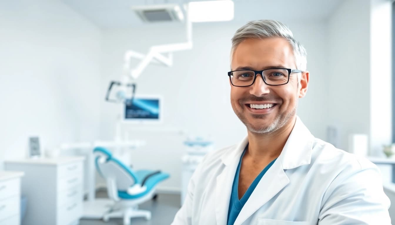 Dentist in New Lenox IL smiling in a modern clinic, showcasing a warm and professional environment.