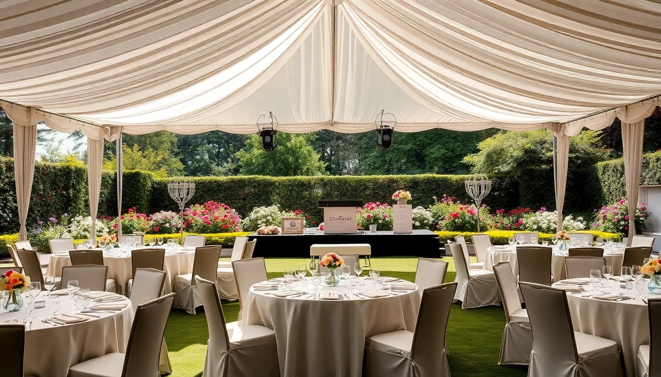 Transform your next Corporate Event Rentals with a stunning outdoor setup featuring elegant decor.