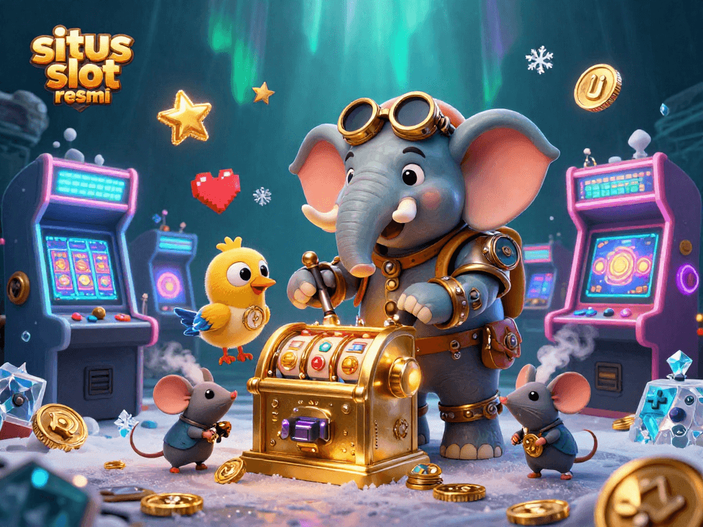 Experience the excitement of situs slot resmi with an animated elephant engineer in action on a golden slot machine.