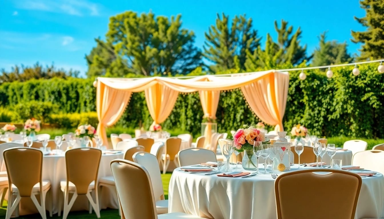 Stylish event rentals with elegant decor in a beautiful garden setting for gatherings.