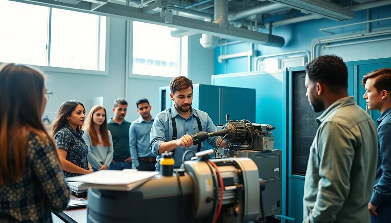 HVAC technician training in a modern facility with students engaged in hands-on learning.