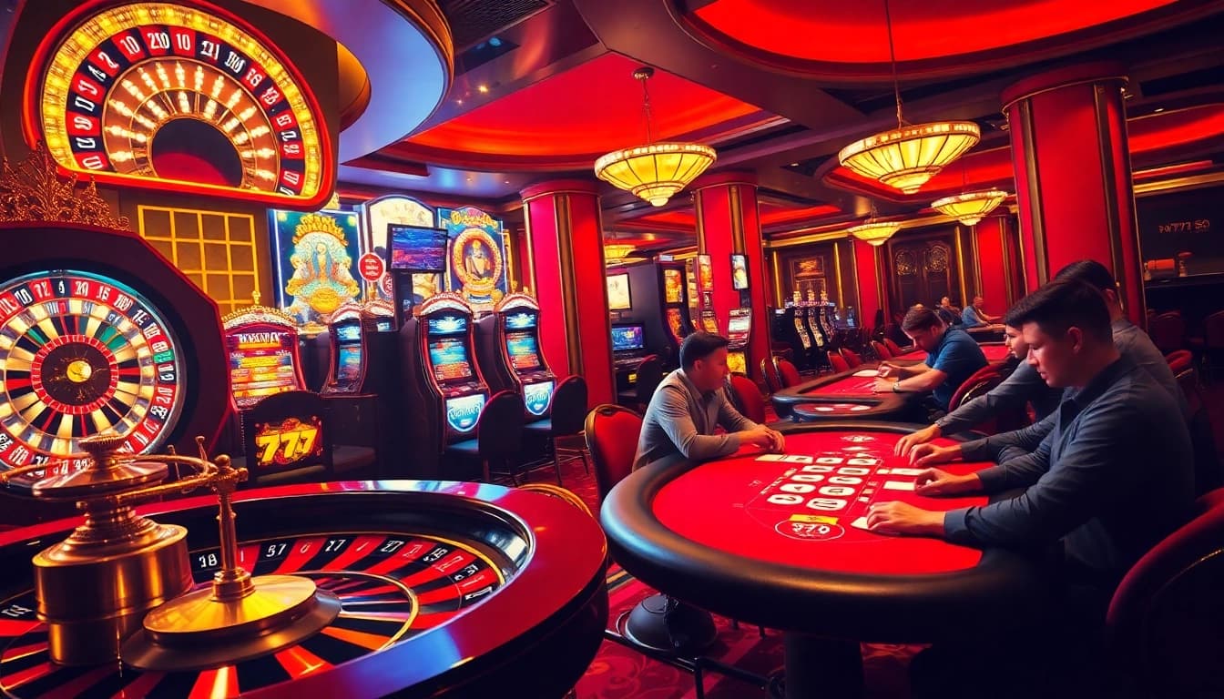 Players enjoying high-stakes poker as they dream of seven 77 wins at a luxurious casino.