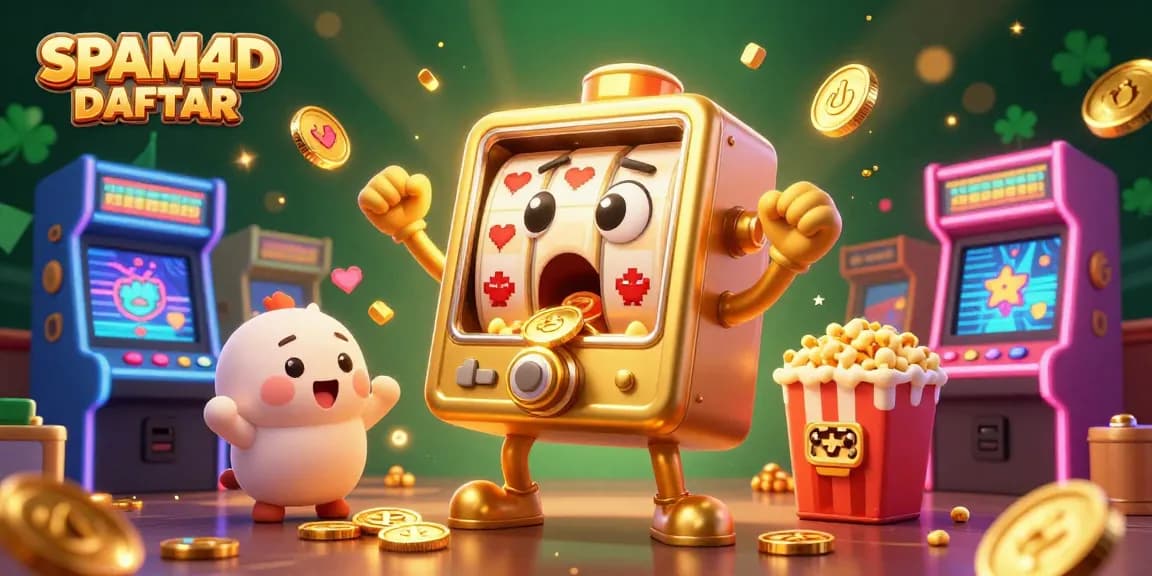 Menyaksikan slot machine SPAM4D DAFTAR meraih jackpot dengan koin berhamburan dalam suasana permainan kasino yang meriah.