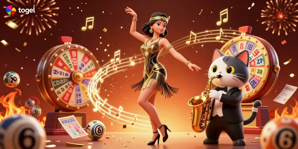 Engaging togel-themed illustration featuring a woman in a flapper dress and a saxophone-playing cat, surrounded by vibrant lottery elements.