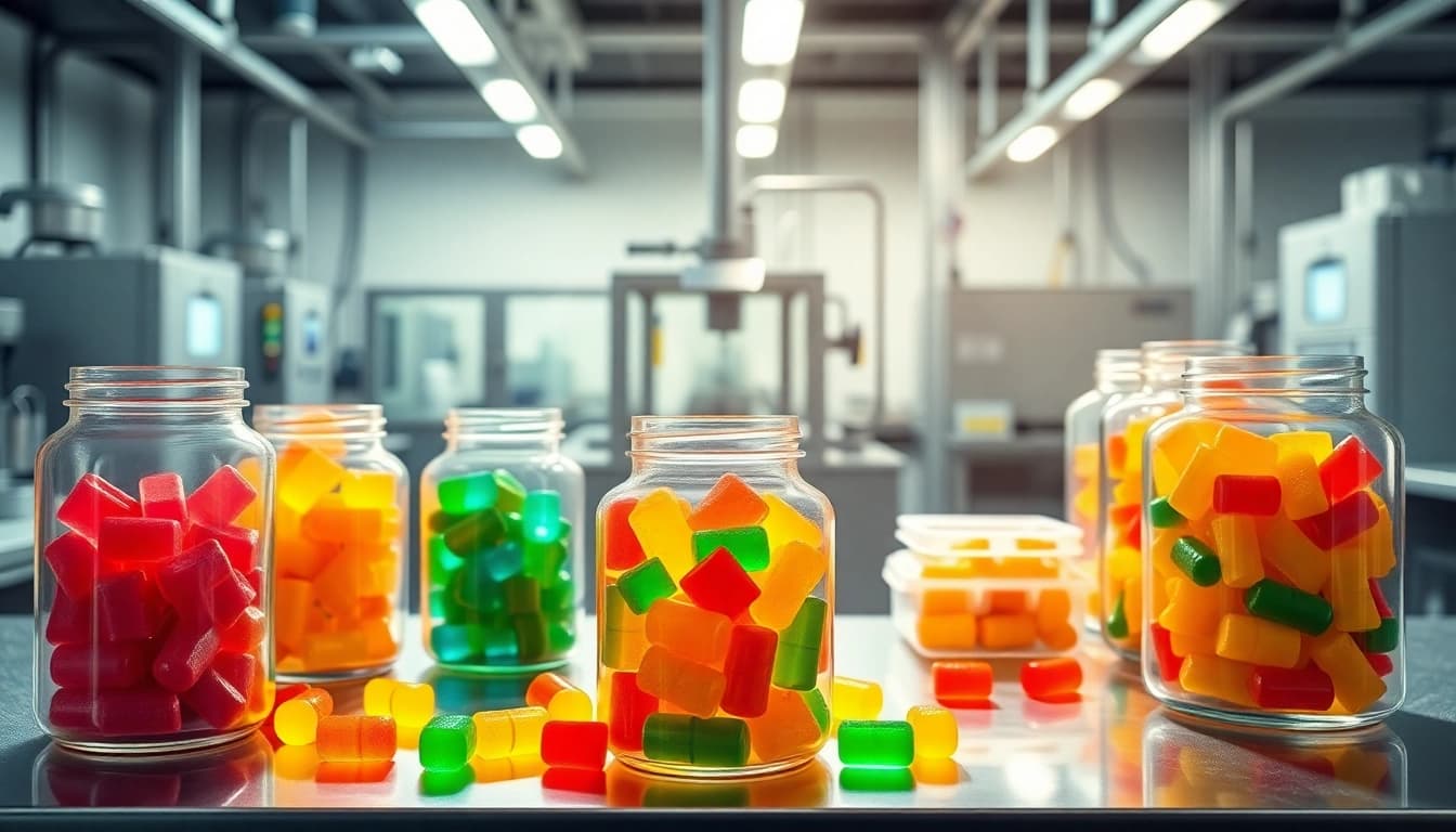 Gummy supplement manufacture process featuring vibrant gummy vitamins and modern equipment.