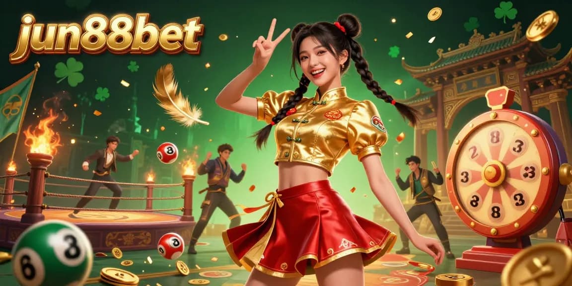 Experience exhilarating gameplay at jun88bet with a vibrant 3D illustration featuring an energetic Asian woman amidst lottery balls and a prize wheel.