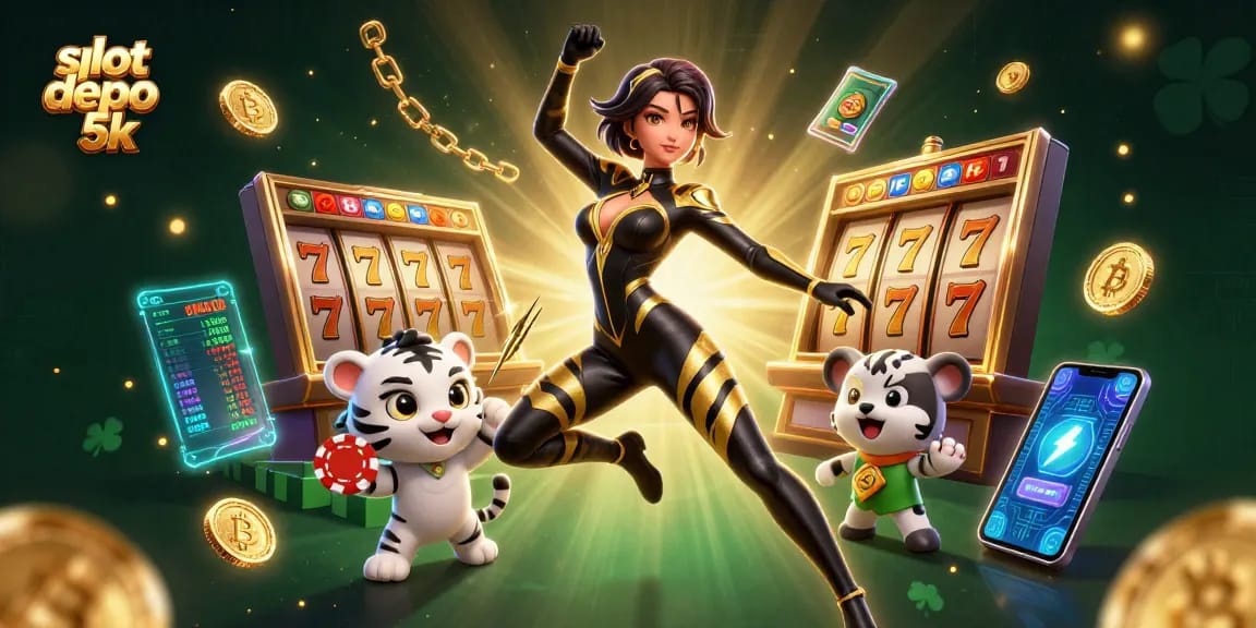 Activate your luck with slot depo 5k, enjoying vibrant game elements in an immersive casino scene.
