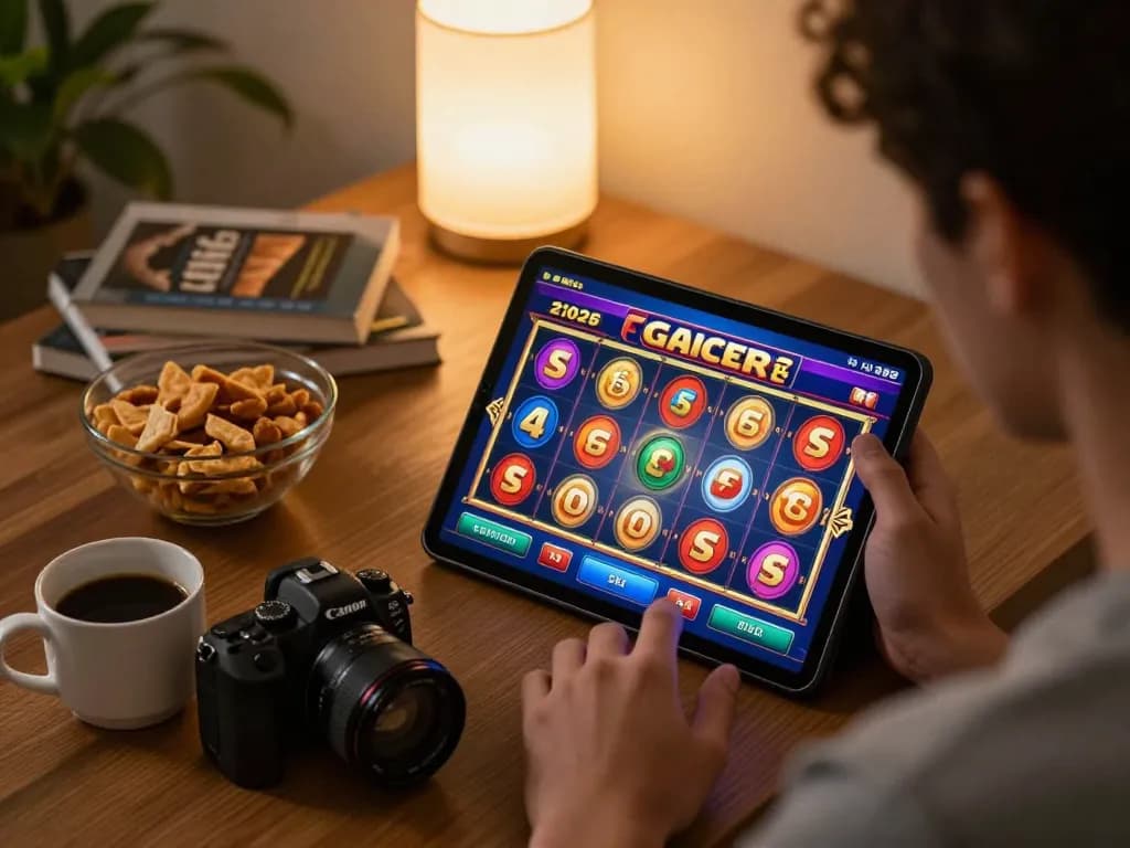 Player enjoying slot gacor 2026 gameplay on tablet, showcasing vibrant online casino experience.