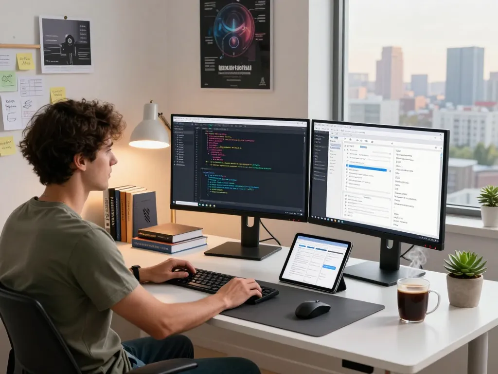 Moltbot AI workspace scene illustrating a software developer using clawdbot tools on dual monitors, with warm ambient light enhancing the productivity atmosphere.