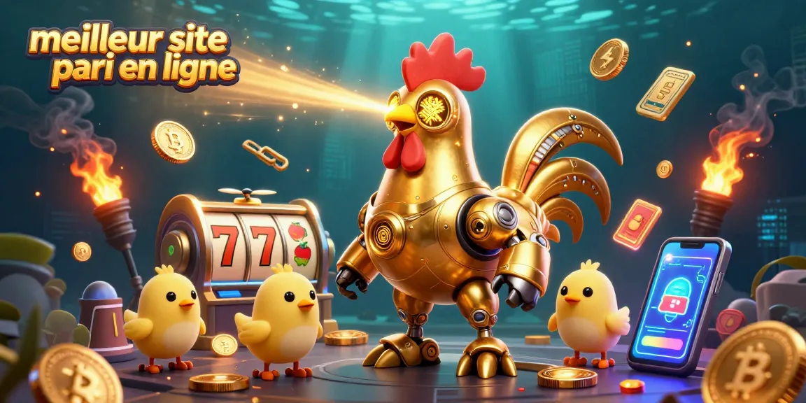 Jouez sur le meilleur site pari en ligne avec un robot coq doré et des jetons brillants.
