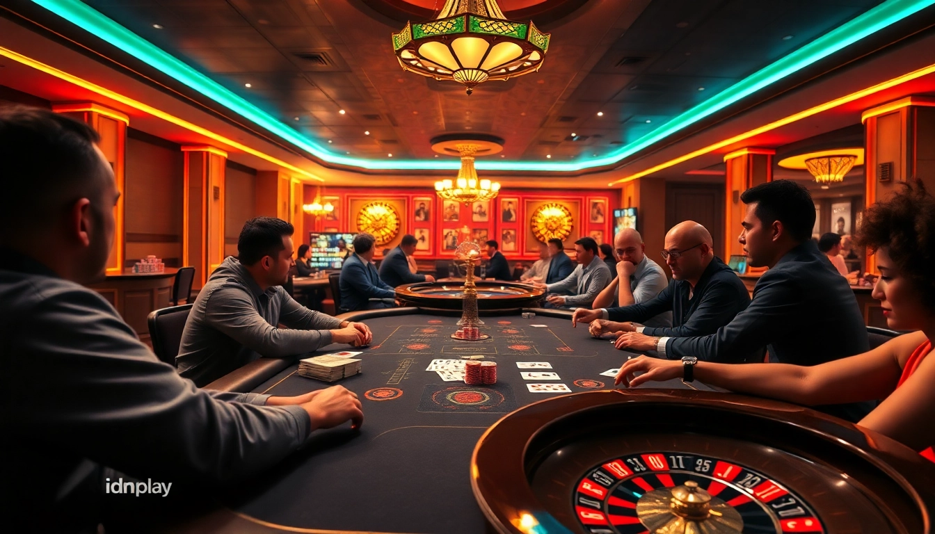 Pemain yang bersemangat merancang strategi di meja Texas Hold'em dalam suasana kasino idn play.
