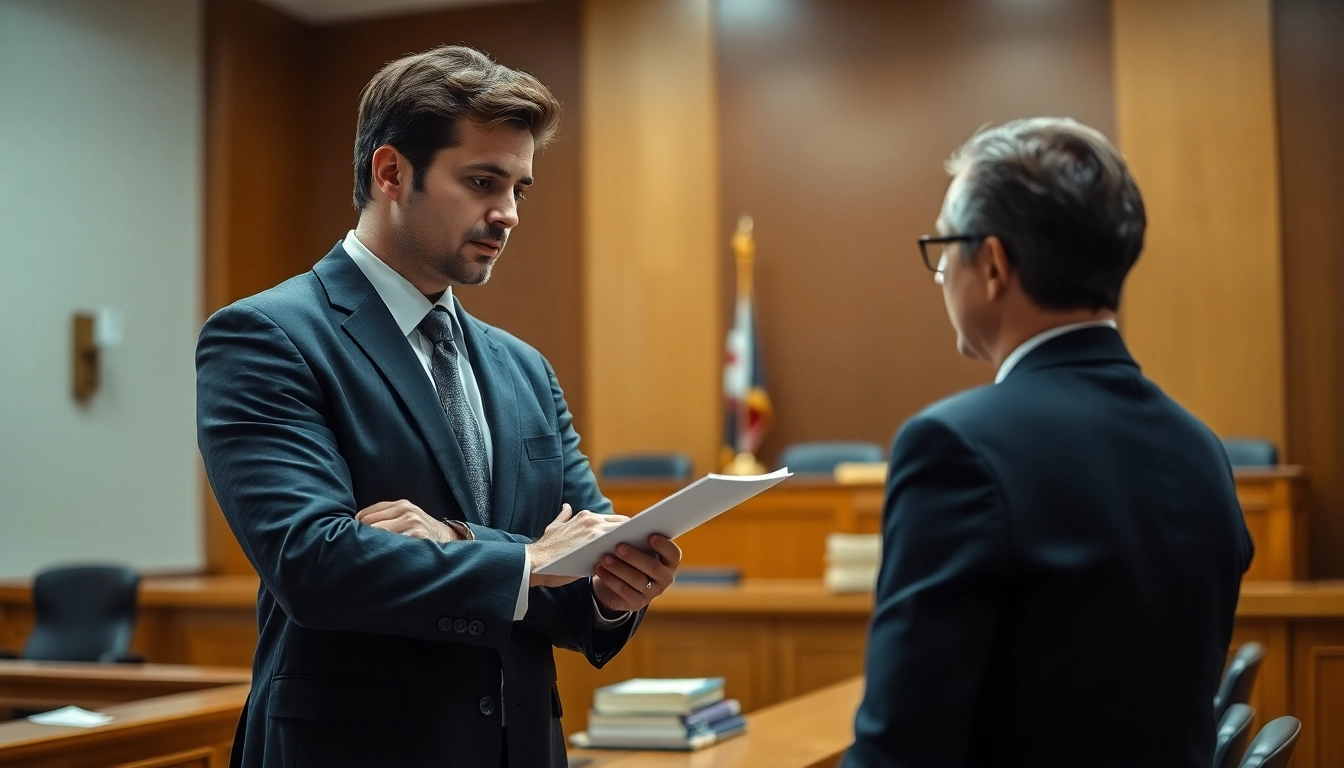 Stockton Accident Lawyer confidently consulting with a client in a courtroom setting.