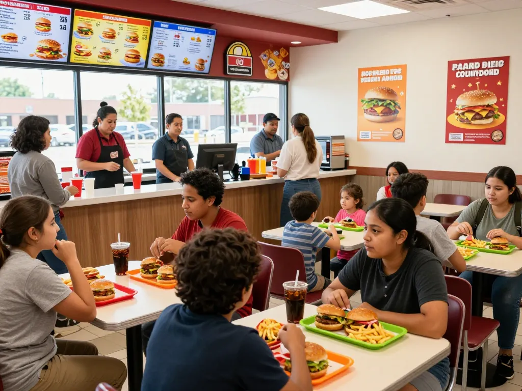 Families enjoying fast food meals showcasing various fast food prices in a vibrant restaurant.