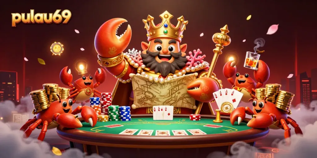 Engage with pulau69's vibrant island-themed casino illustration featuring a golden crab emperor and poker elements.