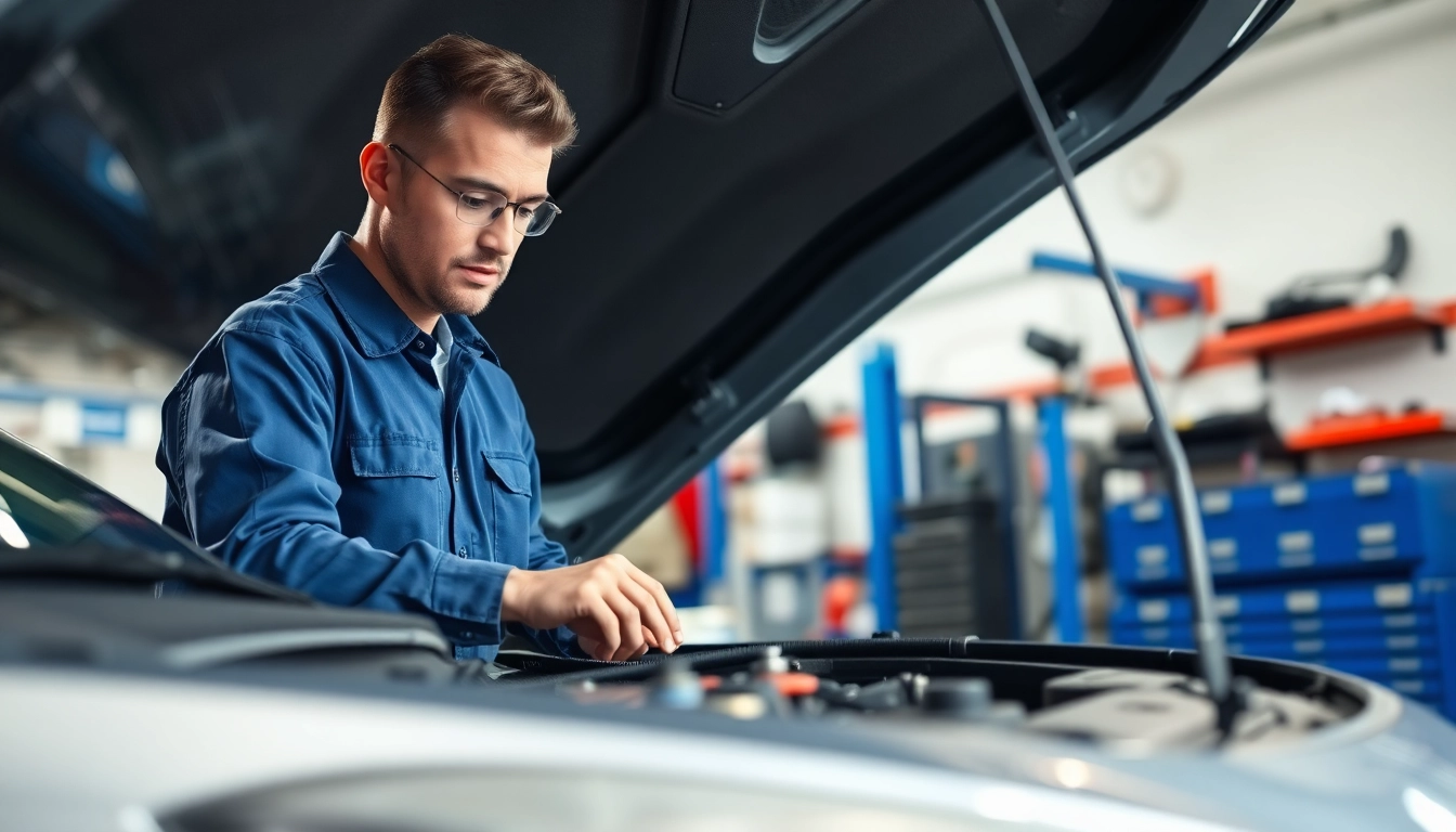 Mechanic reviews engine condition as part of a vehicle service contract process.