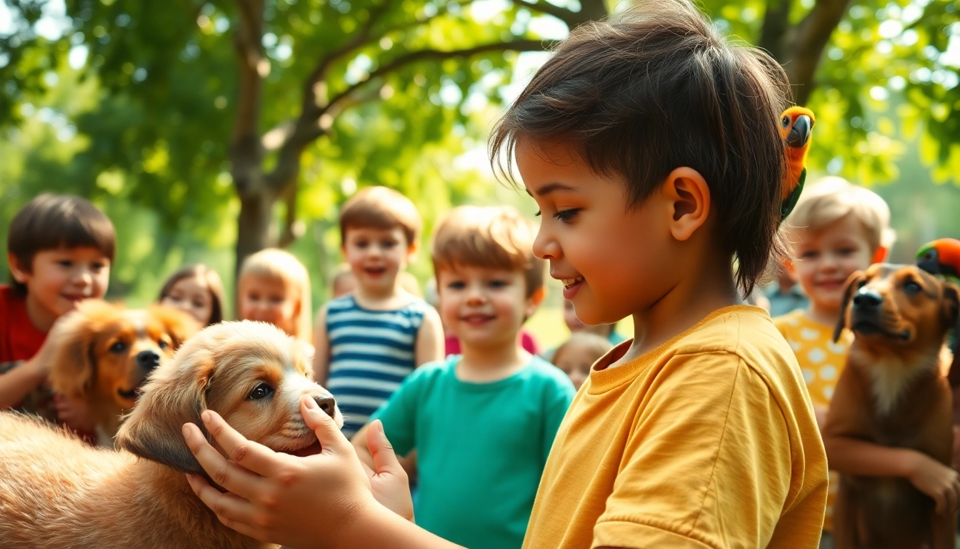Children enjoying animal summer camps for kids, engaging with various animals in a sunny setting.