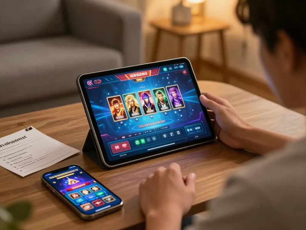 Engaging scene of a user playing เว็บสล็อต on a tablet at home, showcasing vibrant graphics and a cozy atmosphere.