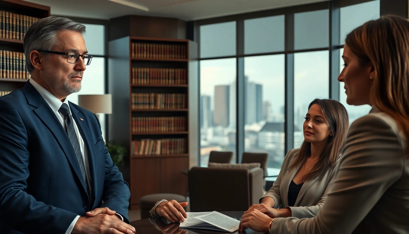 Miami high net worth divorce lawyer consulting with clients in a sophisticated office.