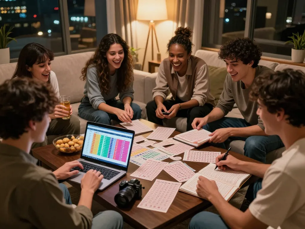 Friends strategizing for xổ số hubet88 with tickets and charts in cozy living room.