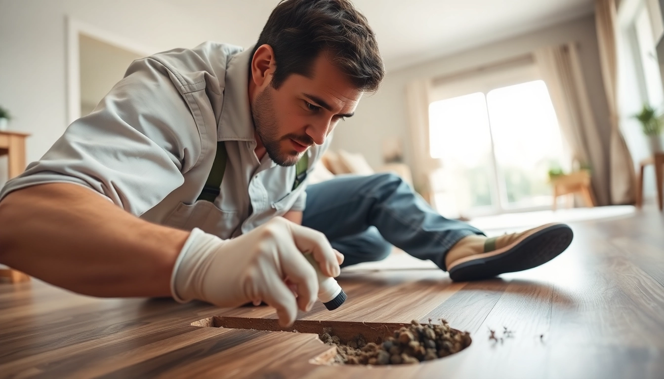 Floor crack bug removal with a professional pest control operator applying treatment in a living room.