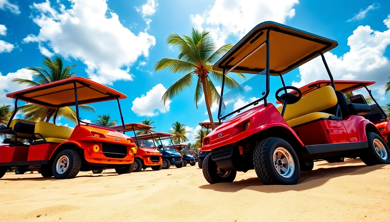 Golf Cart Rental San Pedro Belize featuring colorful carts by the beach against a sunny backdrop.