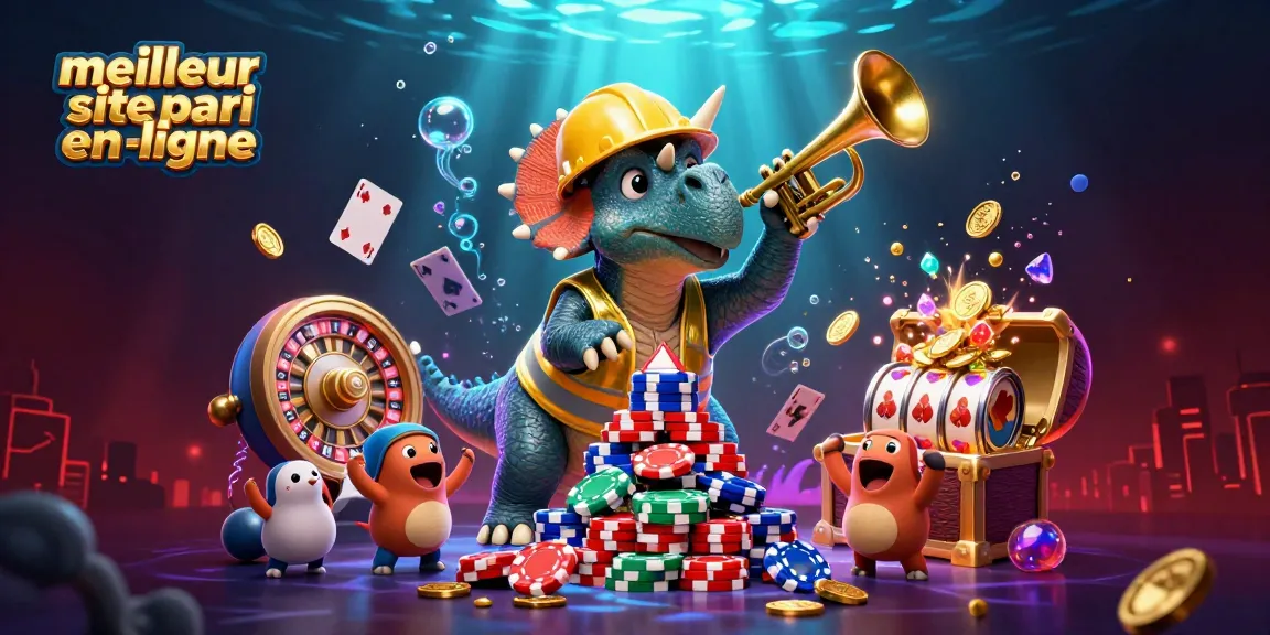 Meilleur site de paris en ligne : illustration dynamique avec un triceratops construisant des jetons de poker.