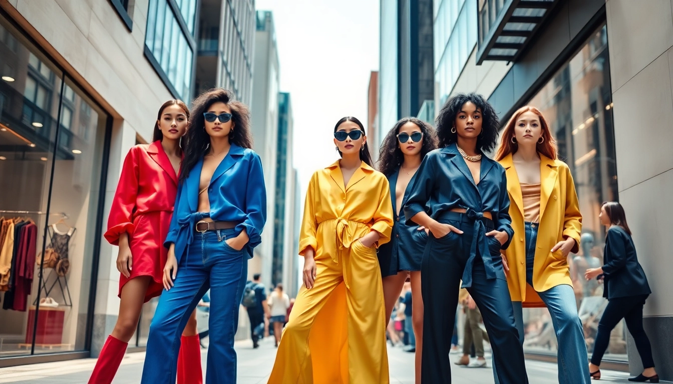 Fashion models flaunting vibrant styles on an urban street, embodying contemporary fashion trends.