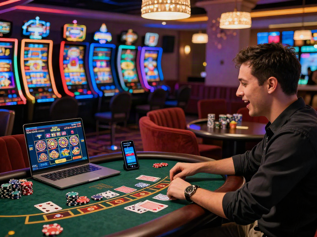 Engaged player enjoying a casino online game with vibrant lights and live dealer interaction.