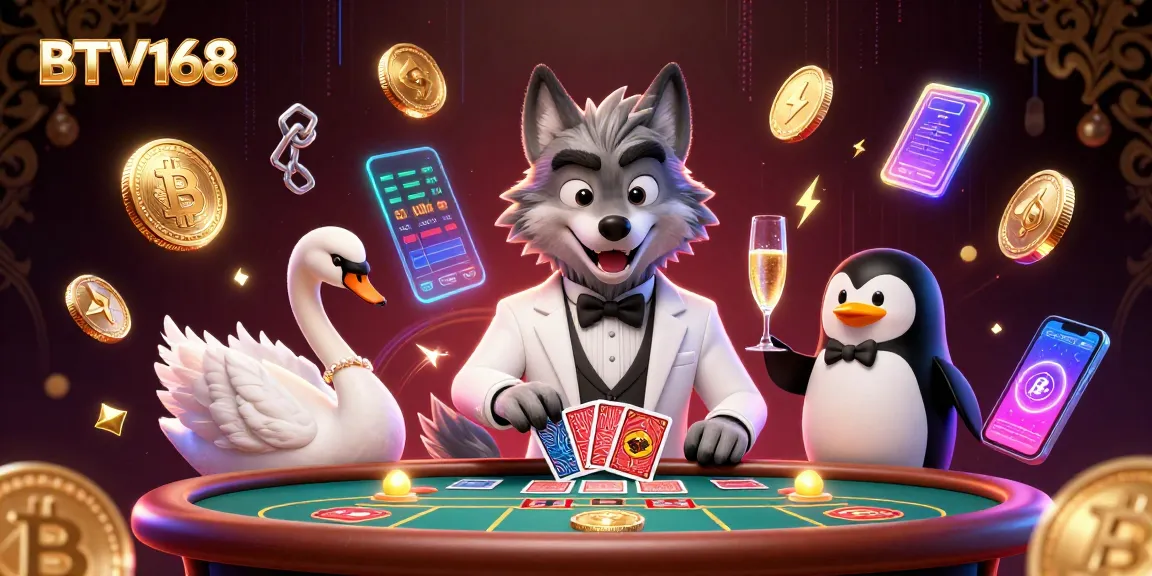 Experience exciting deals at BTV168 with a cartoon wolf at a baccarat table, joined by friends.