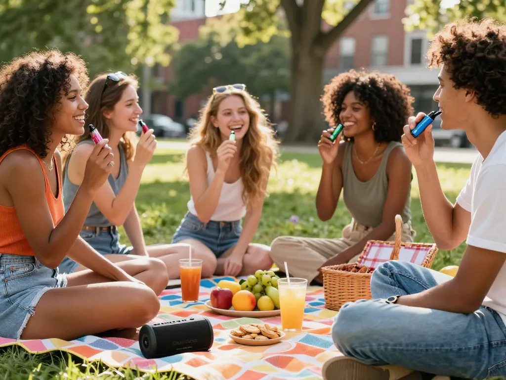Friends experiencing Clean Carts 2g vape in a sunny park, enjoying leisure time.