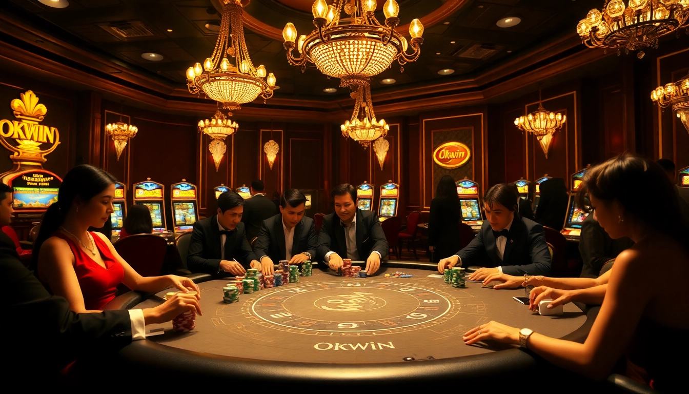 Experience the excitement of Okwin at a vibrant casino with poker chips and glowing slot machines.