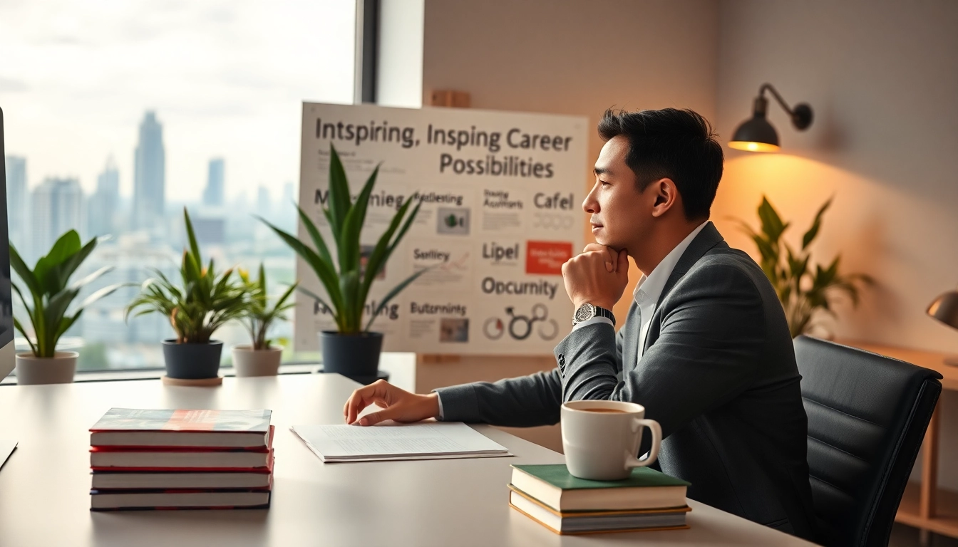 Find my true calling through a reflective professional contemplating career choices in an inspiring workspace.