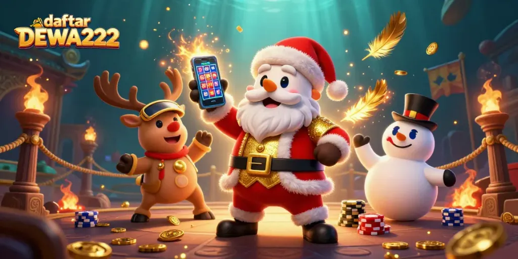 Join the action with daftar DEWA222 as Santa, a reindeer dealer, and a poker chip snowman celebrate big wins!