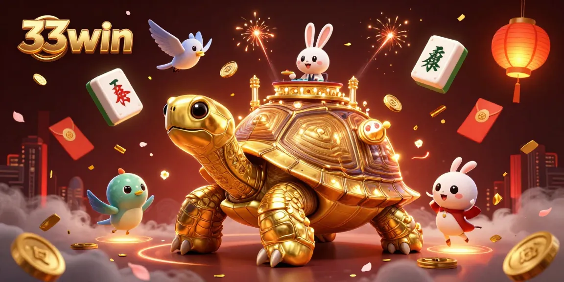 Engage with 33win's gaming excitement featuring a golden tortoise casino adventure with lively characters.