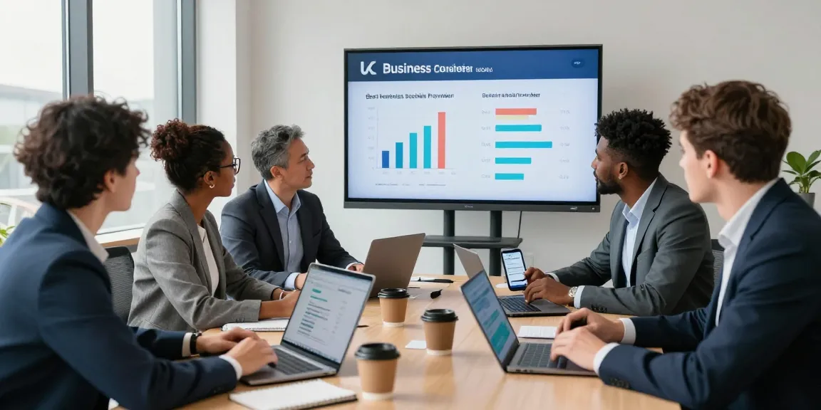 Collaborative team evaluating the best business mobile providers UK in a modern office.