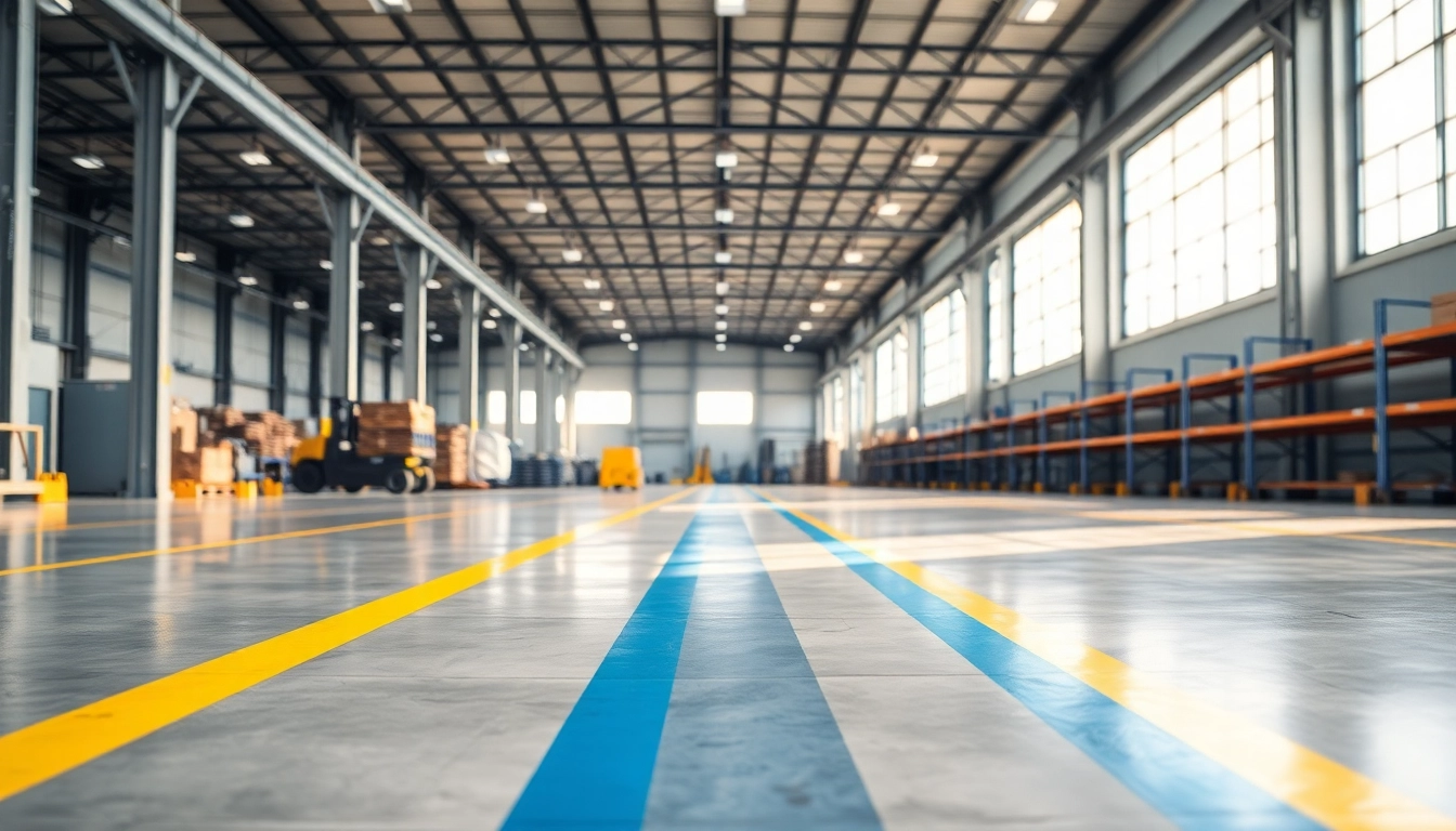 Warehouse floor striping Jackson MS highlighting efficient line designs and a polished concrete surface.