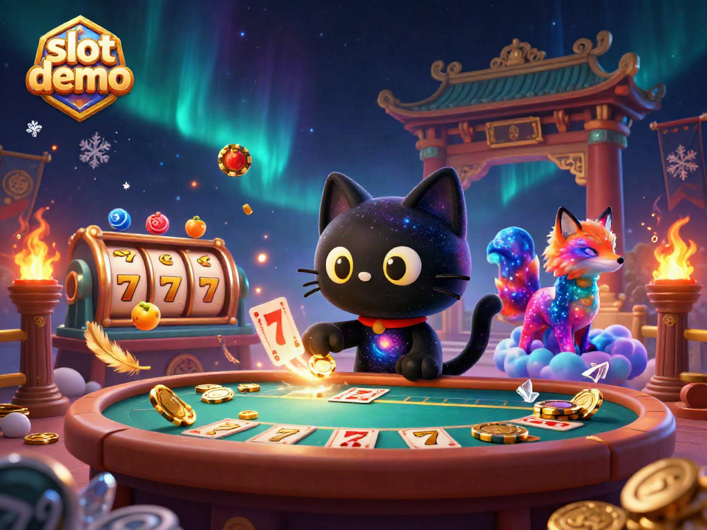 Experience thrilling slot demo action with a vibrant cosmic casino scene featuring a black hole cat and nebula fox.