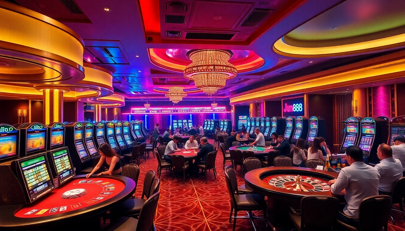 Experience the exciting atmosphere of Jun888 with vibrant casino games and players.