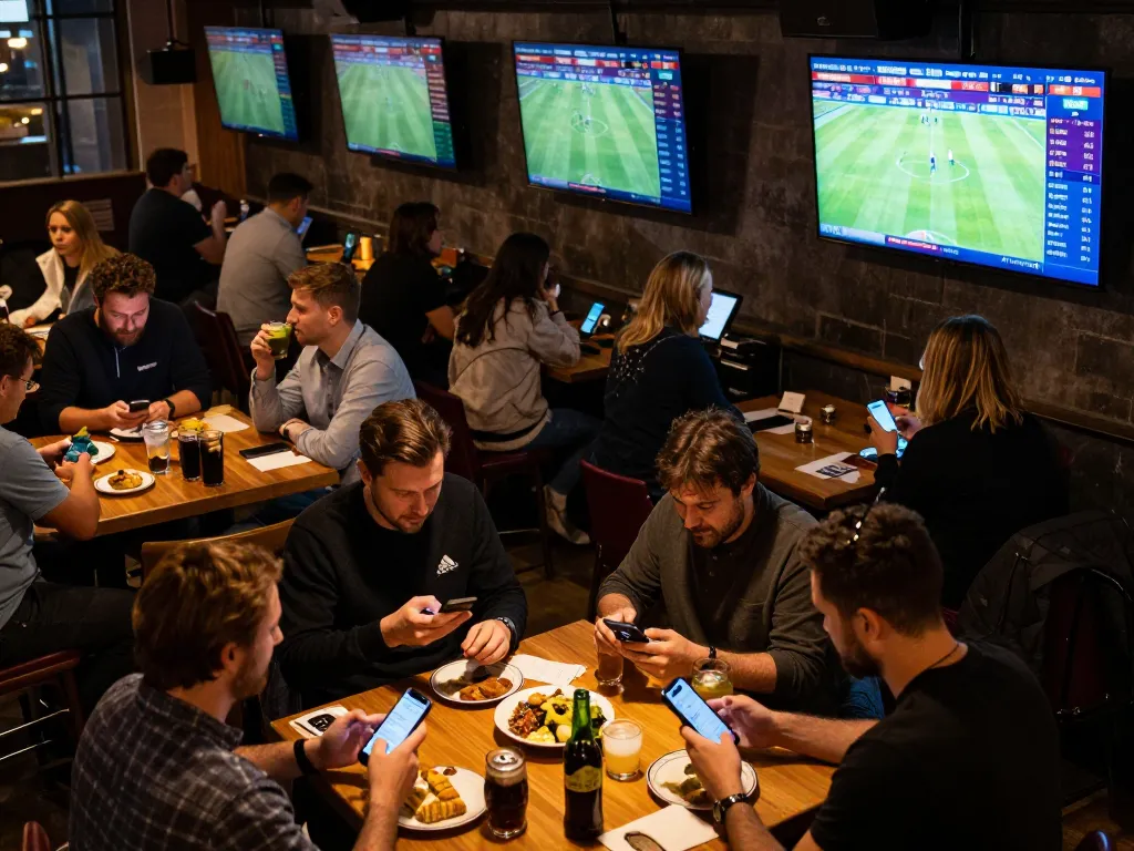 KÈO TRỰC TUYẾN sports betting scene with enthusiastic fans analyzing live game stats at a sports bar.