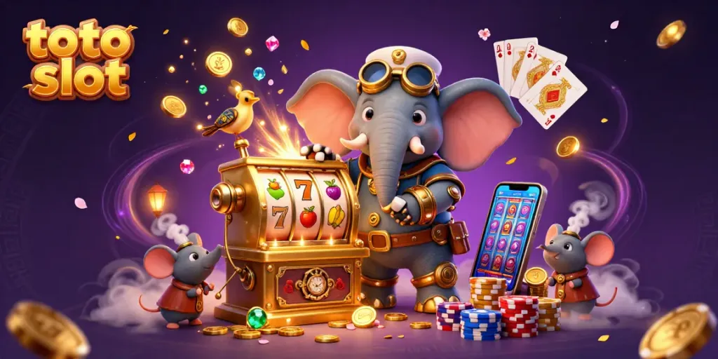 Mengoperasikan toto slot dengan simbol keberuntungan dan suasana kasino yang meriah.