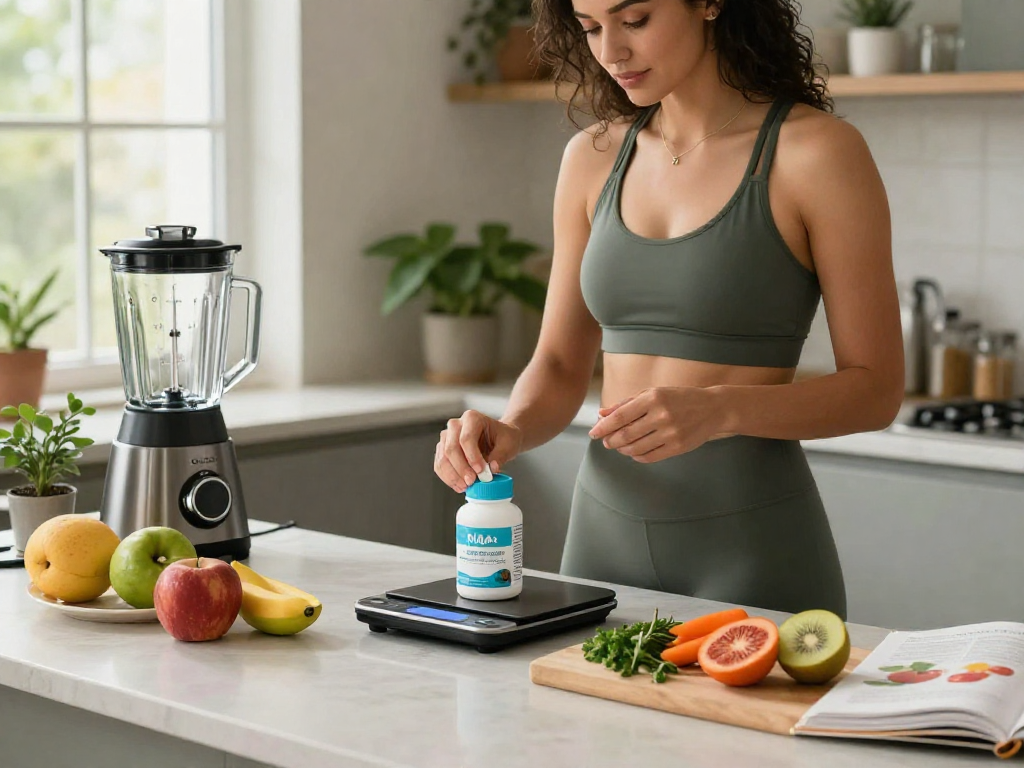 Woman preparing health drink with NAD+ benefits from Restore Blend Peptide Buccal Strips in modern kitchen.