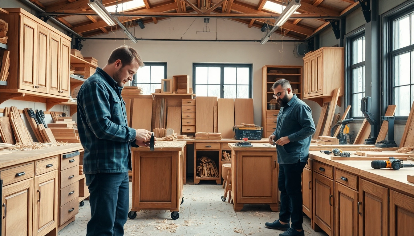 Skilled cabinet makers showcasing their craftsmanship in a bright workshop.