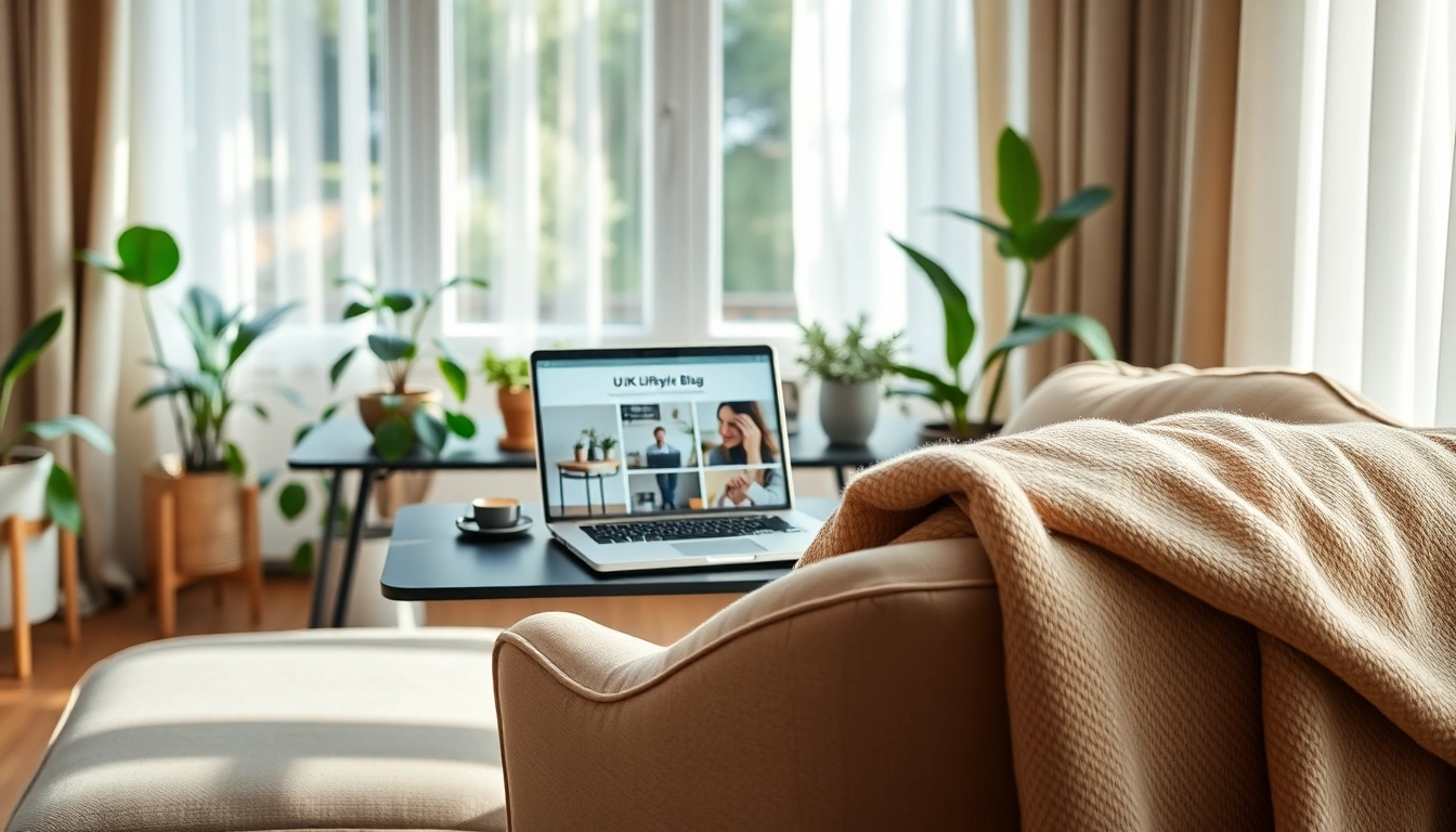 Engaging scene of a cozy workspace featuring a UK Lifestyle Blog with plants and warm decor.