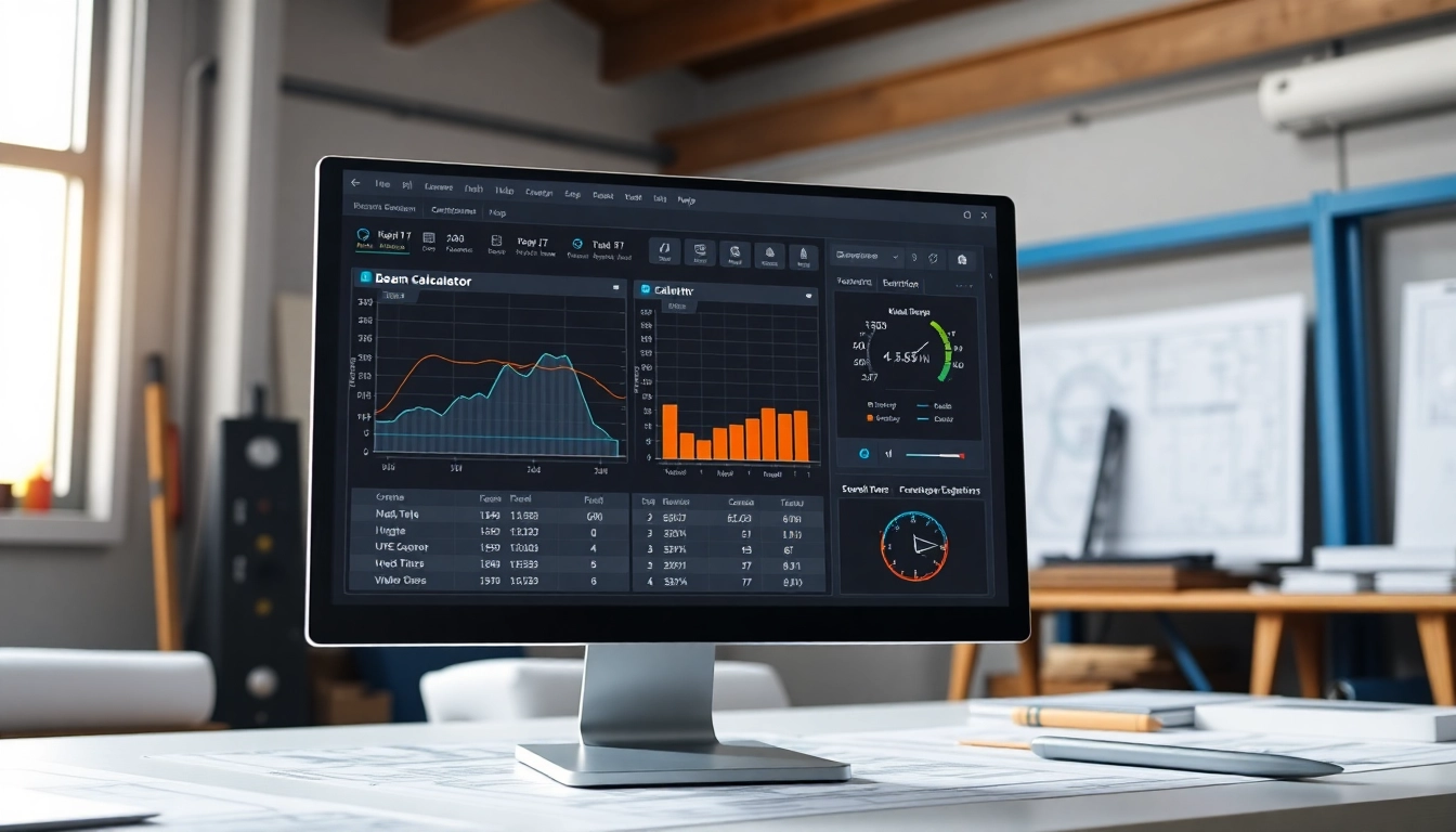 Using a beam calculator to analyze structural data in a professional engineering workspace.