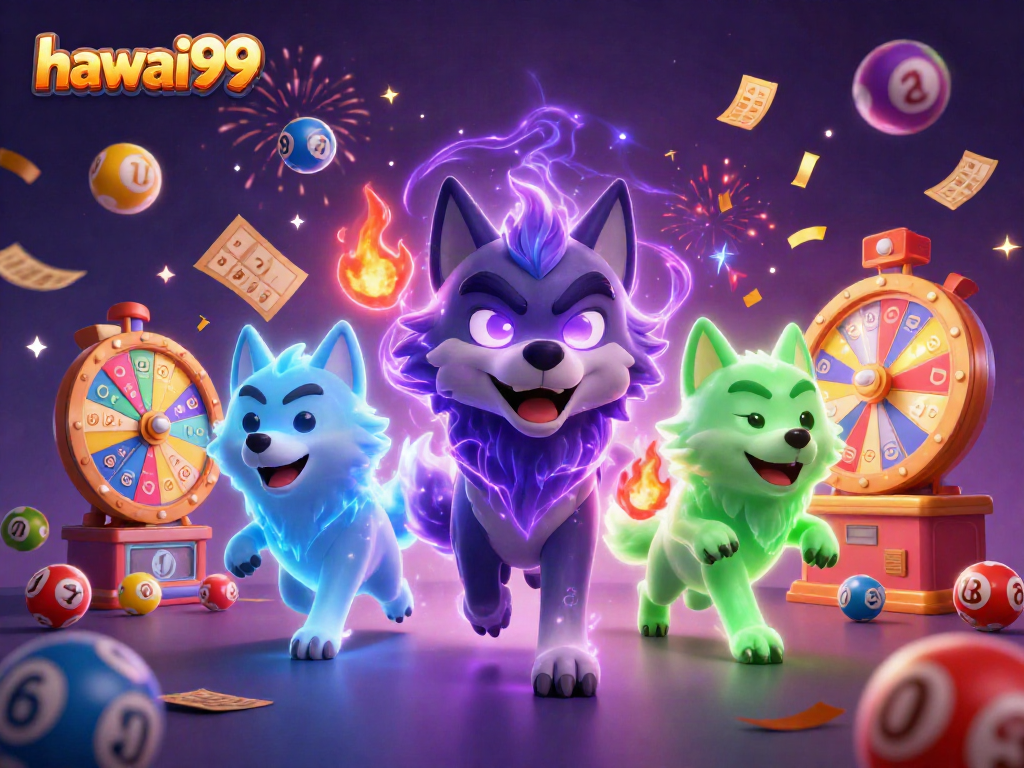 Experience excitement with hawai99 through a vibrant illustration of gambling elements and wolf characters.